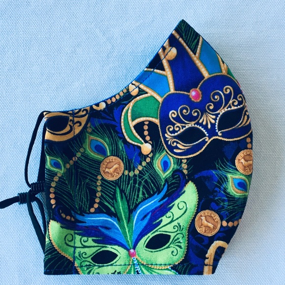 HAND CRAFTED FACE MASK GREENS GOLD BLUE MARDI GRAS - Picture 2 of 7